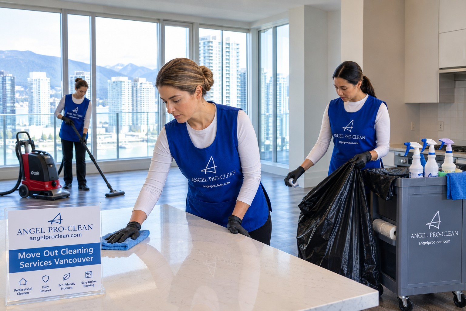 Professional move out cleaner cleaning kitchen cabinets in a Vancouver apartment before tenant move out